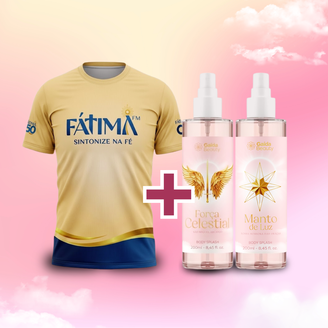 Kit Devoção: Força Celestial + Manto de Luz + Camisa Fátima FM